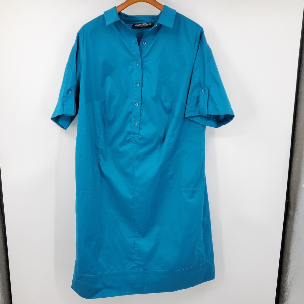 Marina Rinaldi Teal Blue Poplin Short Sleeve Button Tab Shirt Dress Pockets